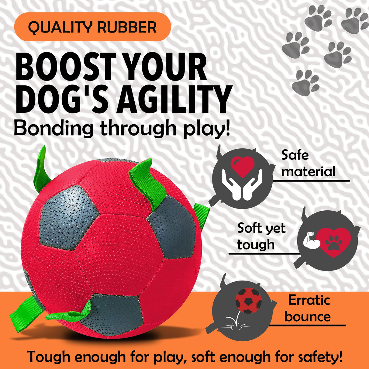 Synco Dog Toy Football with Green Holding Loops | Dog Ball Size-3 | Dog Toy Ball (RED)