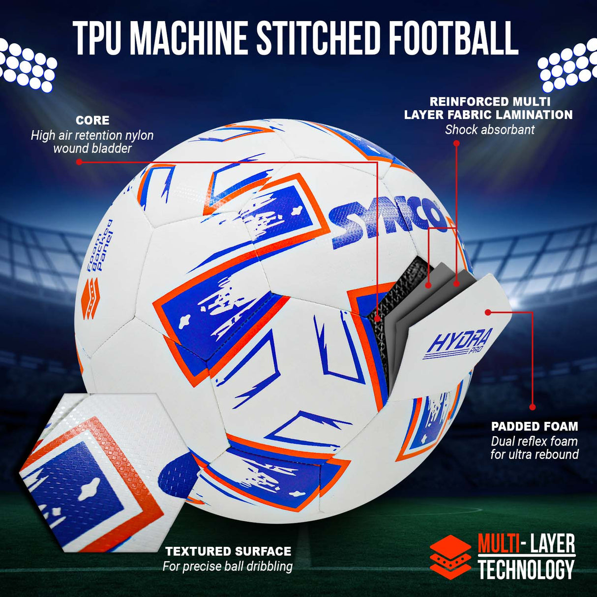 Synco Hybrid Football Hydra Pro | 100% Water Sealed | Match Ball | Size 5