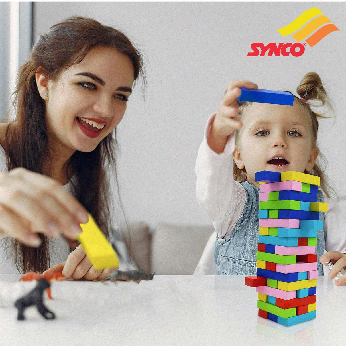 Synco Mini Tower | Wooden Tumbling Tower | Best Wooden Game for Children & Adults | Mini Wooden Block Set For Family Fun, Skill-Building Game Multicolor Blocks-54Pc