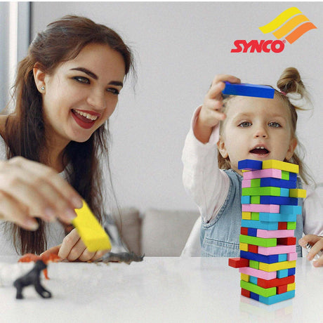 Synco Mini Tower | Wooden Tumbling Tower | Best Wooden Game for Children & Adults | Mini Wooden Block Set For Family Fun, Skill-Building Game Multicolor Blocks-54Pc