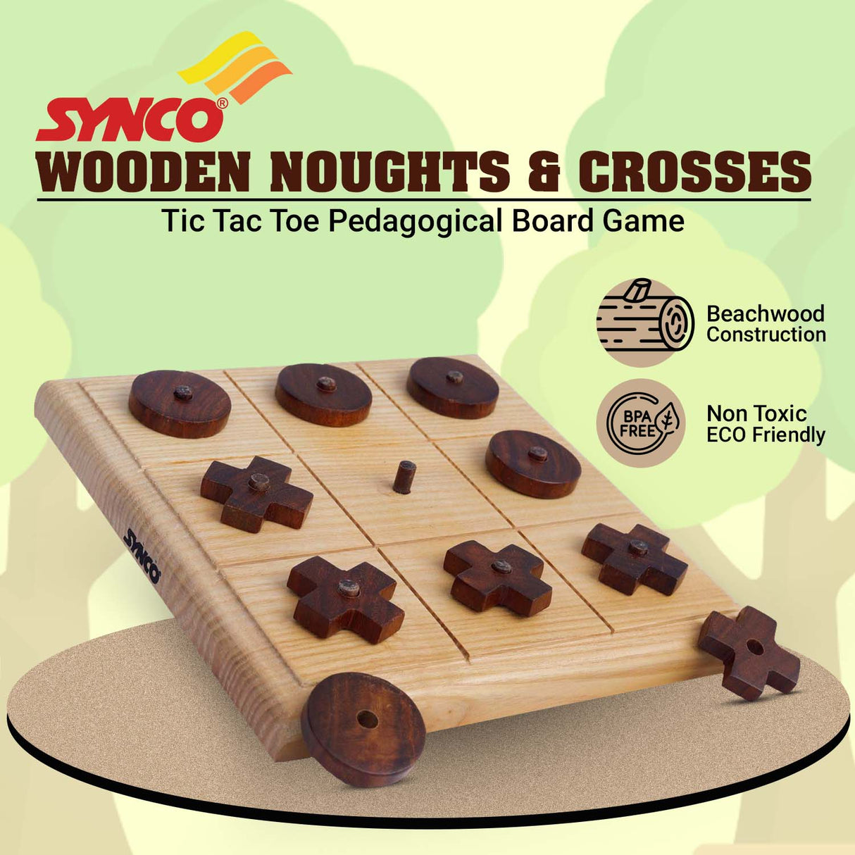 Synco Noughts & Crosses | Tic Tac Wooden Game | Natural Colour & Matte Finish | Gift for Friends & Family