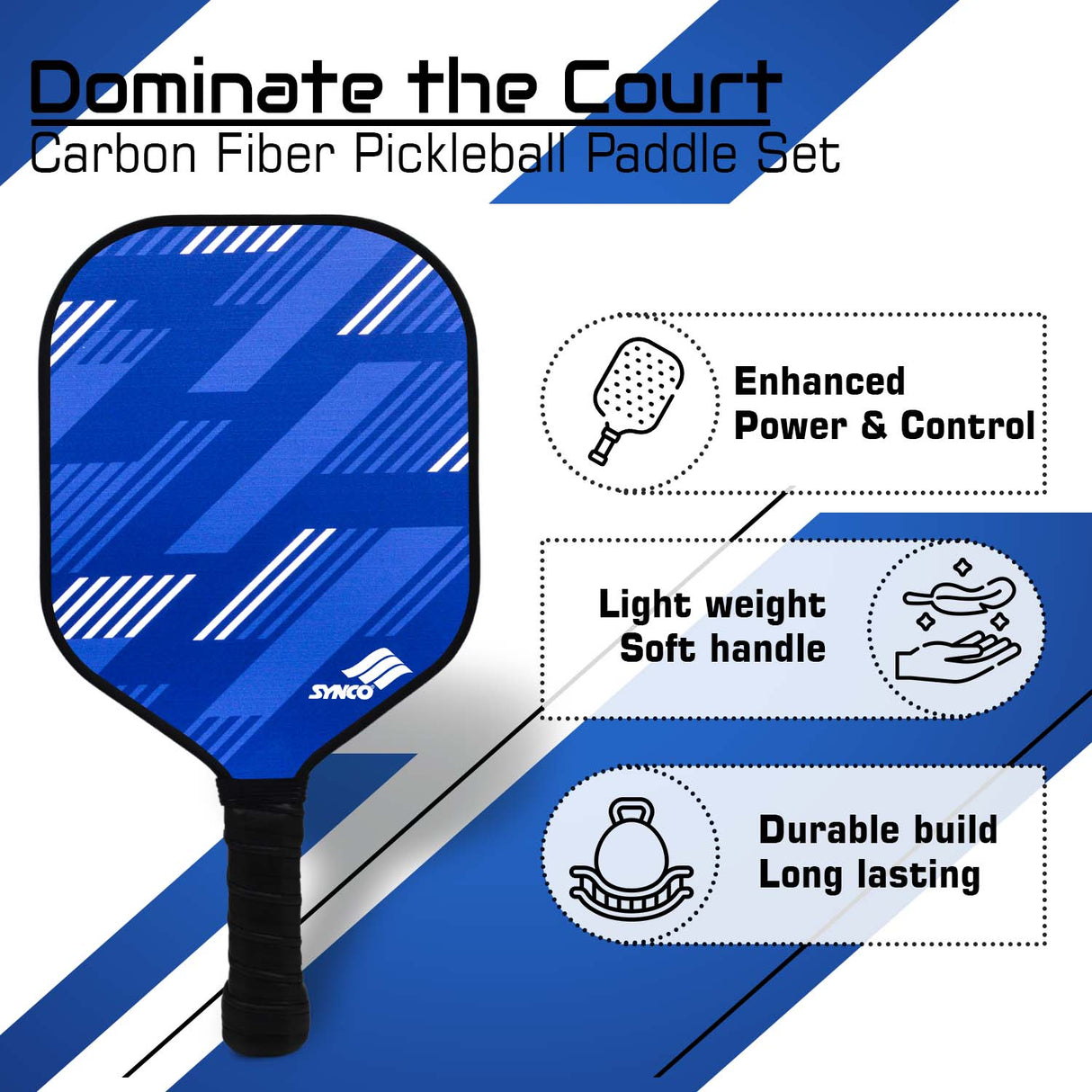 Synco Slash Carbon Fiber Pickleball Paddle (Blue) with Free Cover Bag