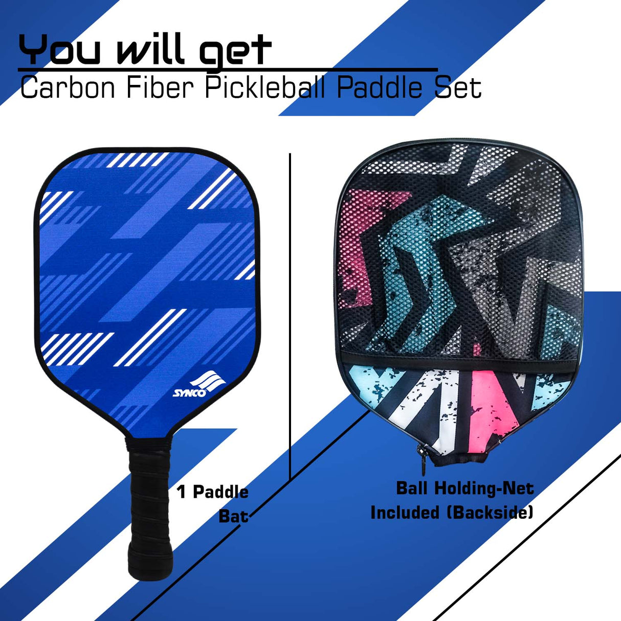 Synco Slash Carbon Fiber Pickleball Paddle (Blue) with Free Cover Bag