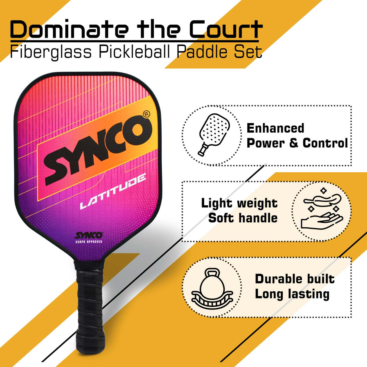Synco Pickleball Paddle Set Latitude Pink | 2 Pickleball Rackets and 4 Pickleballs with Carry Bag | Fiberglass Lightweight Racket with Cushion Comfort Grip