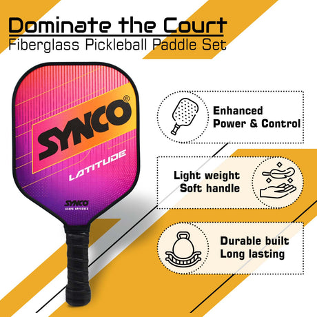 Synco Pickleball Paddle Set Latitude Pink | 2 Pickleball Rackets and 4 Pickleballs with Carry Bag | Fiberglass Lightweight Racket with Cushion Comfort Grip