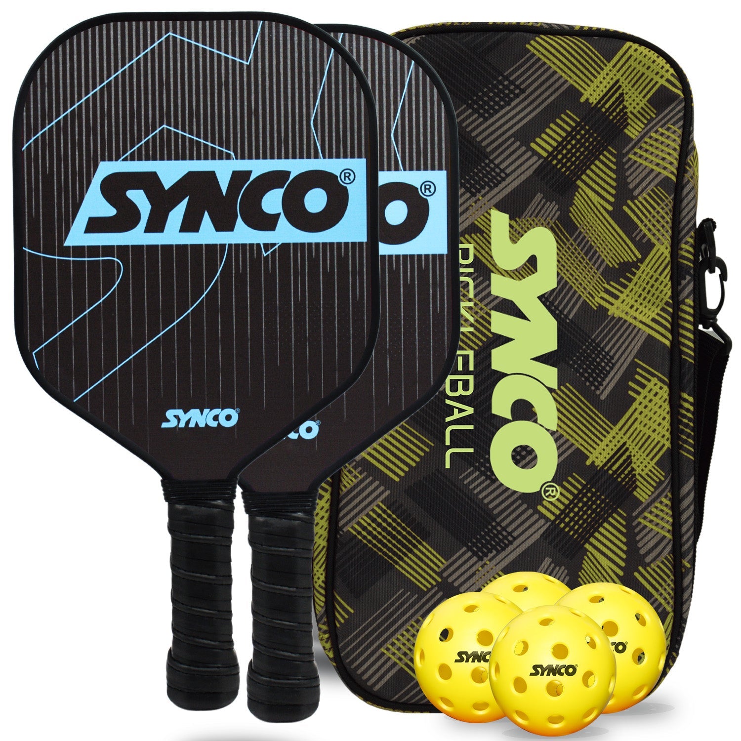 Synco Pickleball Paddle Set Carbonium Blue | 2 Pickleball Rackets and 4 Pickleballs with Carry Bag | Fiberglass Lightweight Racket with Cushion Comfort Grip
