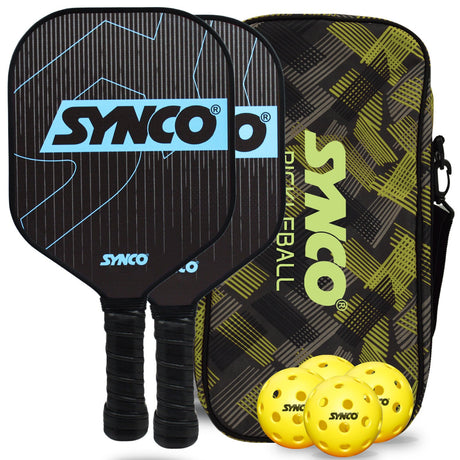 Synco Pickleball Paddle Set Carbonium Blue | 2 Pickleball Rackets and 4 Pickleballs with Carry Bag | Fiberglass Lightweight Racket with Cushion Comfort Grip
