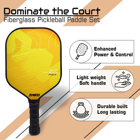 Synco Pickleball Paddle Set Hybrid Max Yellow | 1 Pickleball Racket and 2 Pickleballs with Carry Bag | Fiberglass Lightweight Racket with Cushion Comfort Grip