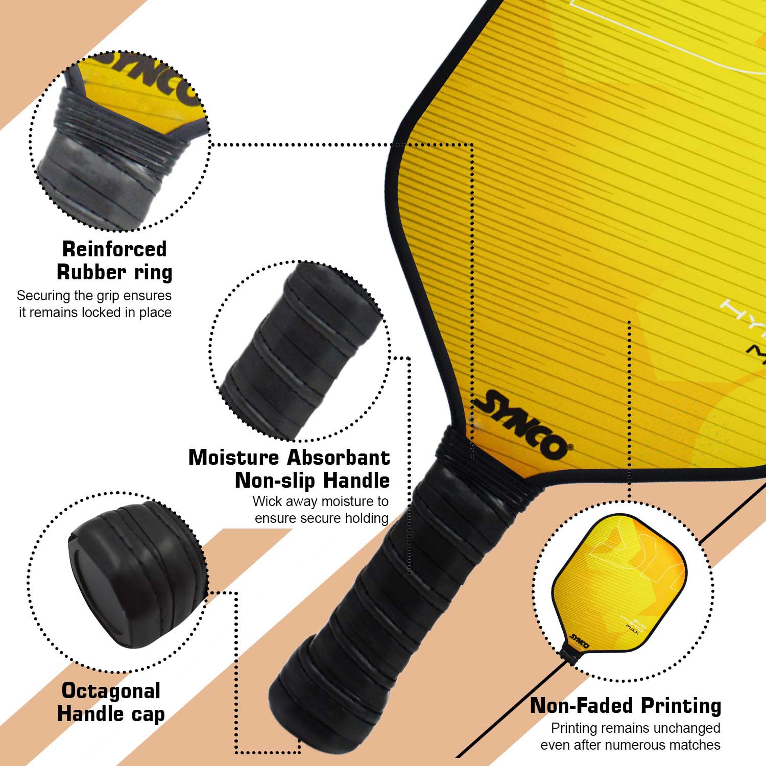 Synco Pickleball Paddle Set Hybrid Max Yellow | 1 Pickleball Racket and 2 Pickleballs with Carry Bag | Fiberglass Lightweight Racket with Cushion Comfort Grip