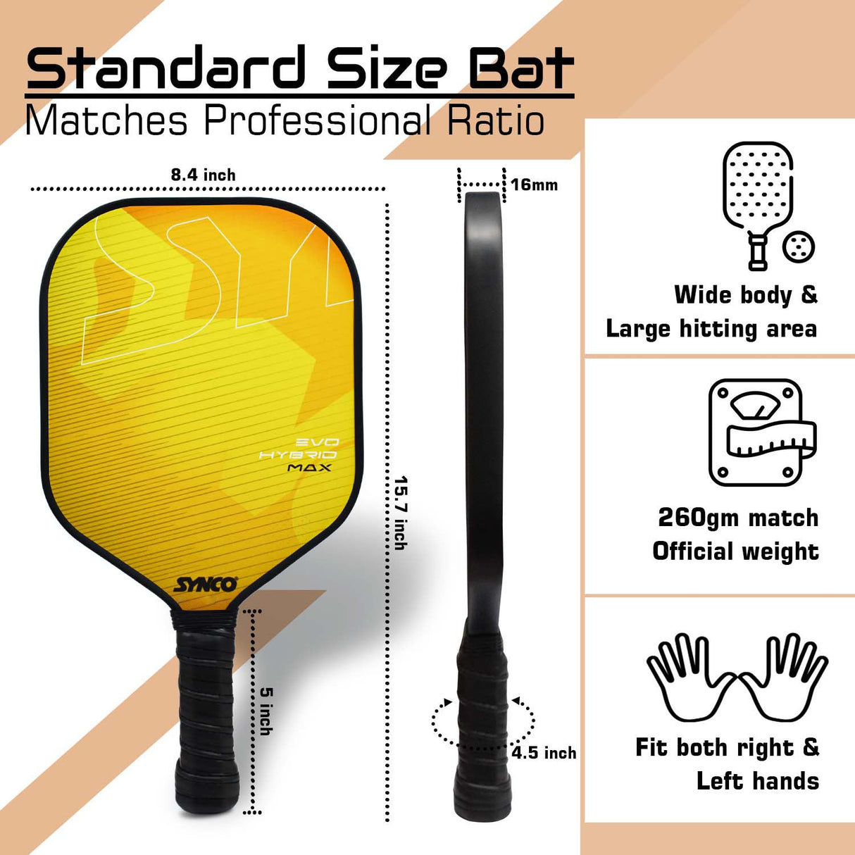 Synco Pickleball Paddle Set Hybrid Max Yellow | 2 Pickleball Rackets and 4 Pickleballs with Carry Bag | Fiberglass Lightweight Racket with Cushion Comfort Grip