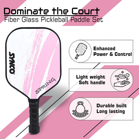 Synco Pickleball Paddle Set Spring Pink | 2 Pickleball Rackets and 4 Pickleballs with Carry Bag | Fiberglass Lightweight Racket with Cushion Comfort Grip