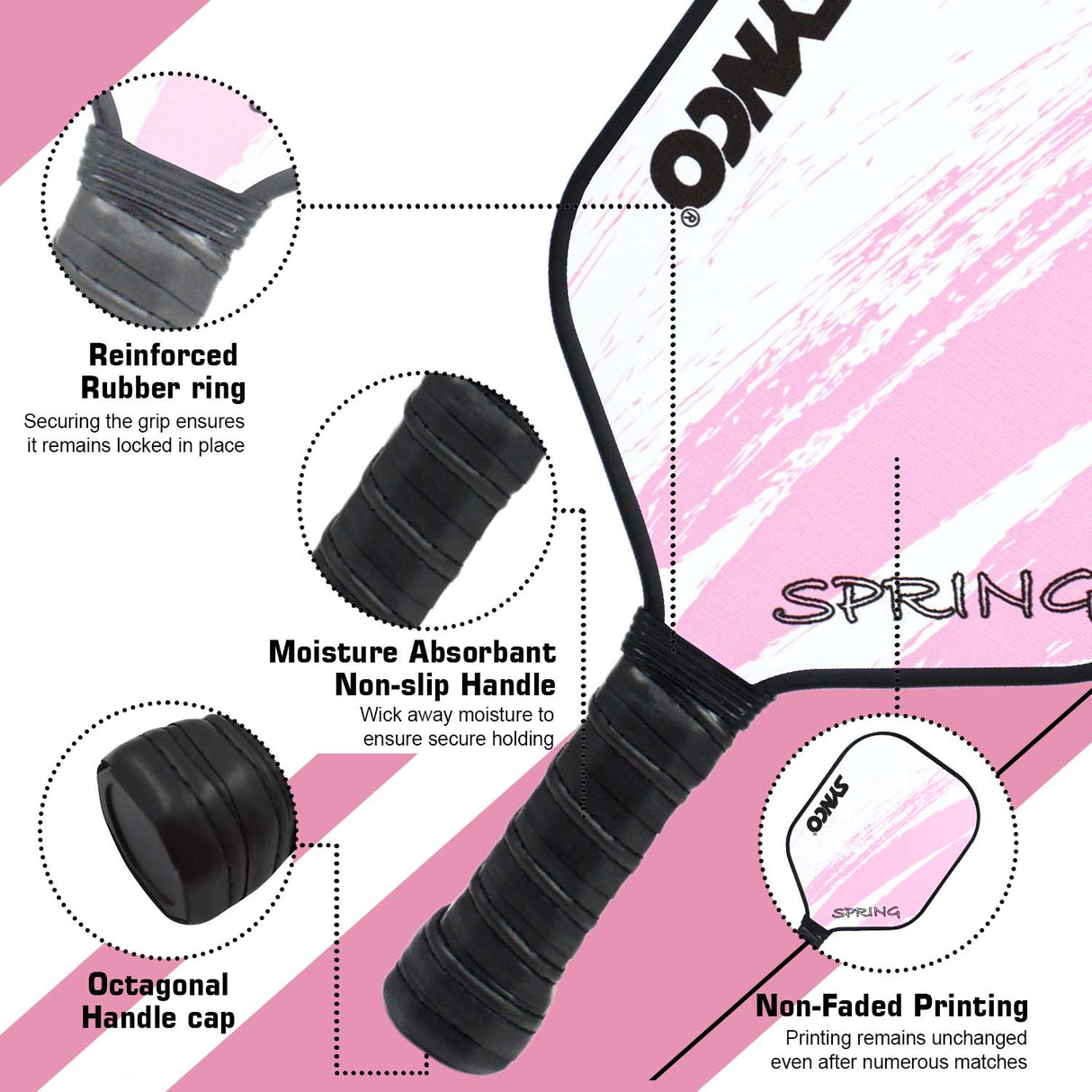 Synco Pickleball Paddle Set Spring Pink | 2 Pickleball Rackets and 4 Pickleballs with Carry Bag | Fiberglass Lightweight Racket with Cushion Comfort Grip