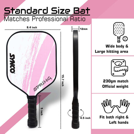 Synco Pickleball Paddle Set Spring Pink | 2 Pickleball Rackets and 4 Pickleballs with Carry Bag | Fiberglass Lightweight Racket with Cushion Comfort Grip