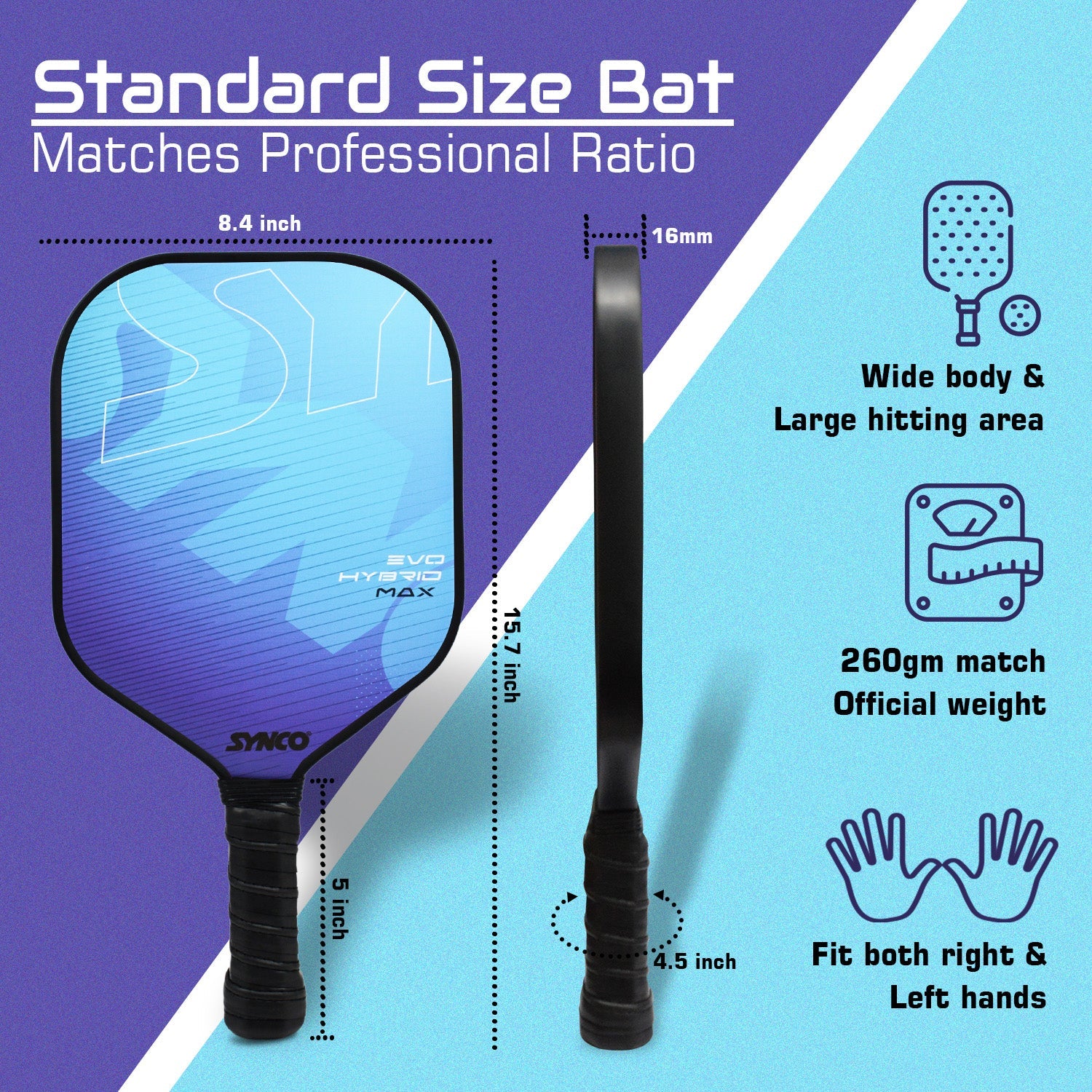 Synco Pickleball Paddle Set Hybrid Max Blue | 2 Pickleball Rackets and 4 Pickleballs with Carry Bag | Fiberglass Lightweight Racket with Cushion Comfort Grip