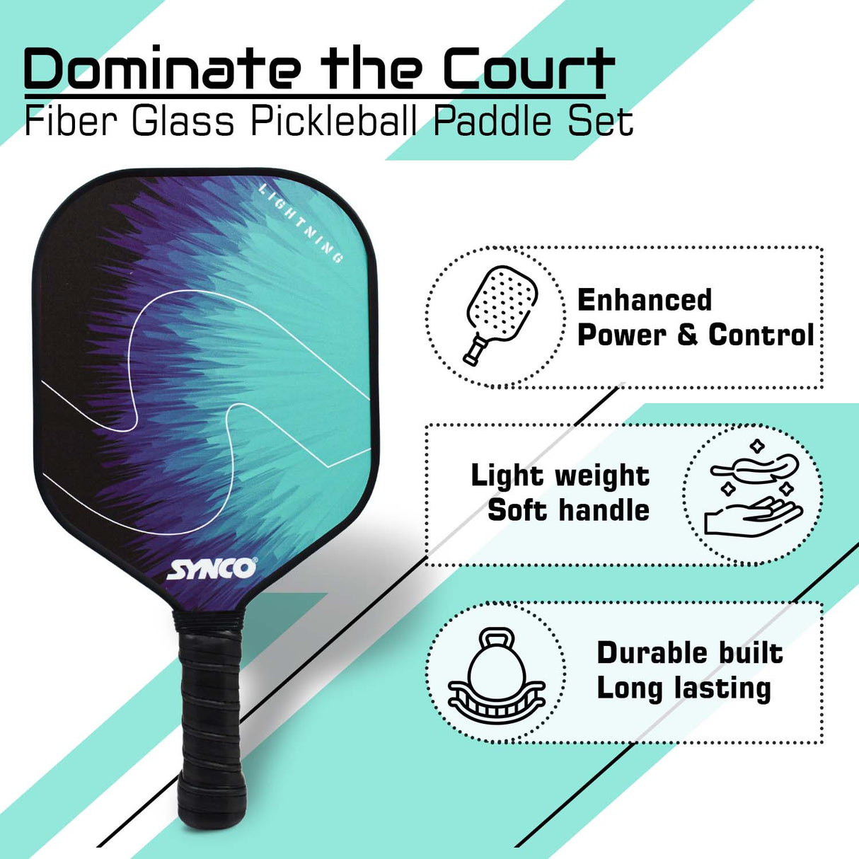 Synco Pickleball Paddle Set Lightning Blue | 2 Pickleball Rackets and 4 Pickleballs with Carry Bag | Fiberglass Lightweight Racket with Cushion Comfort Grip