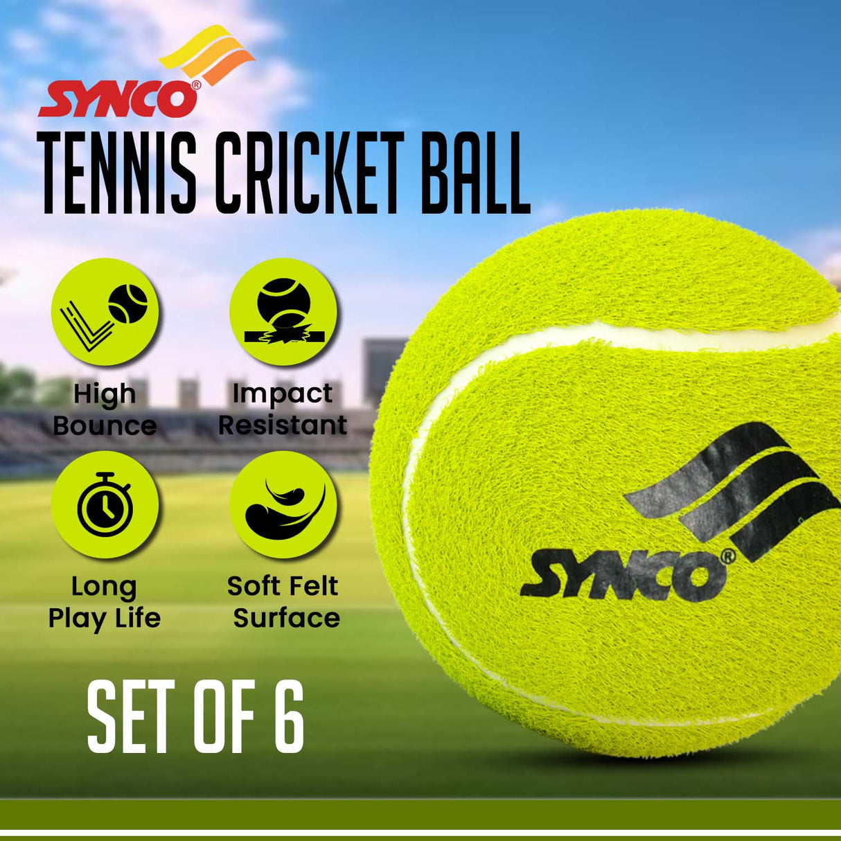 Synco Cricket Tournament Rubber Tennis Ball | Combo Pack of 6 | Color-Neon (Light Tennis Balls)