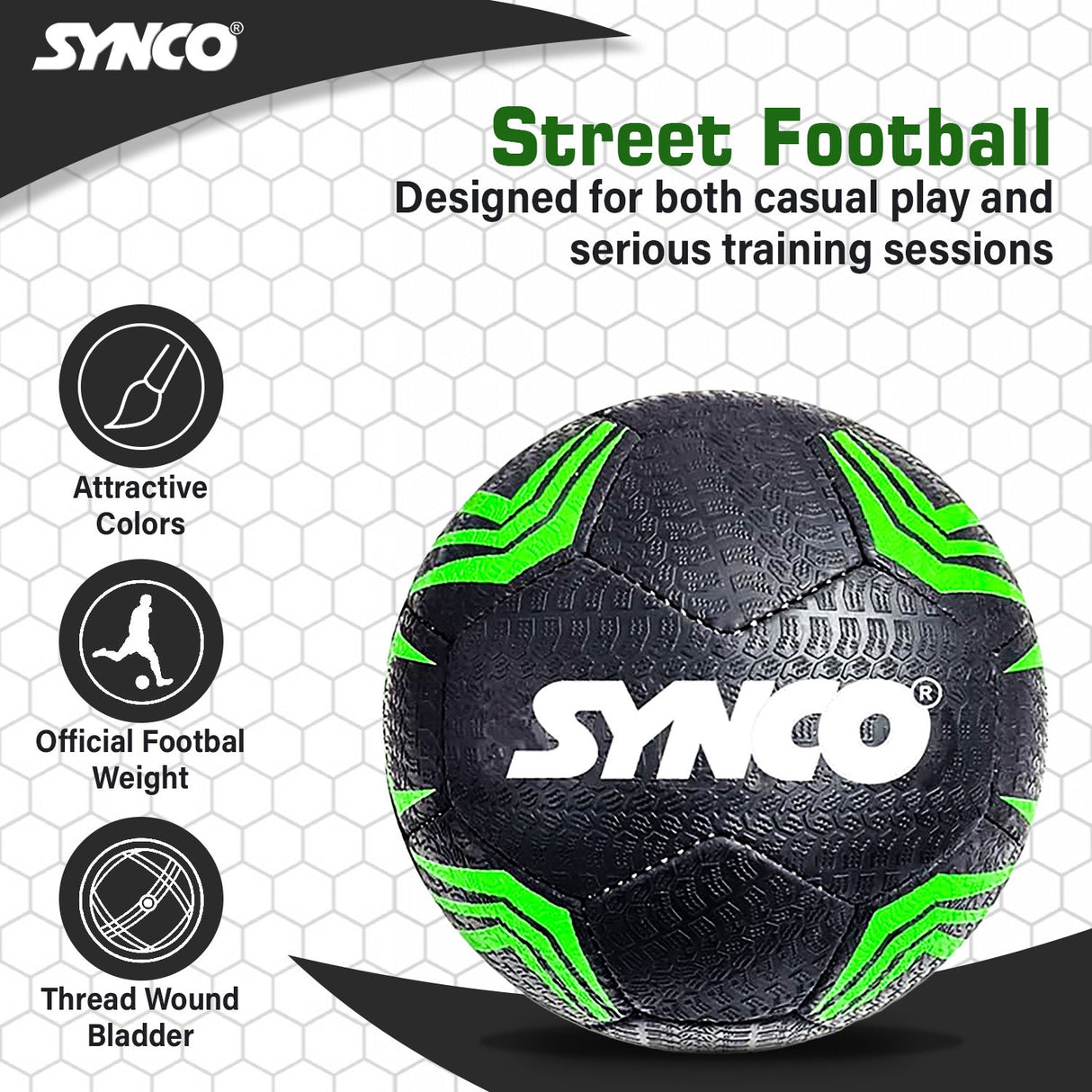 Synco Street Soccer Football | Rubberized Stitched Football | Training Soccer Ball | Suitable for Hard Ground |for boys/girls | Size 5 (Black)