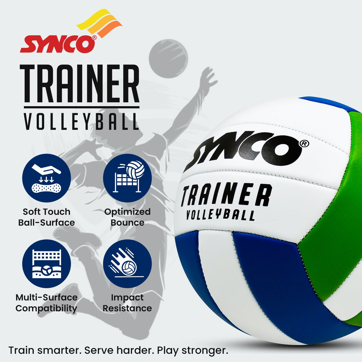 Synco Trainer Volleyball, PVC Machine Stitched, 18 Panels Soft Touch & Lightweight