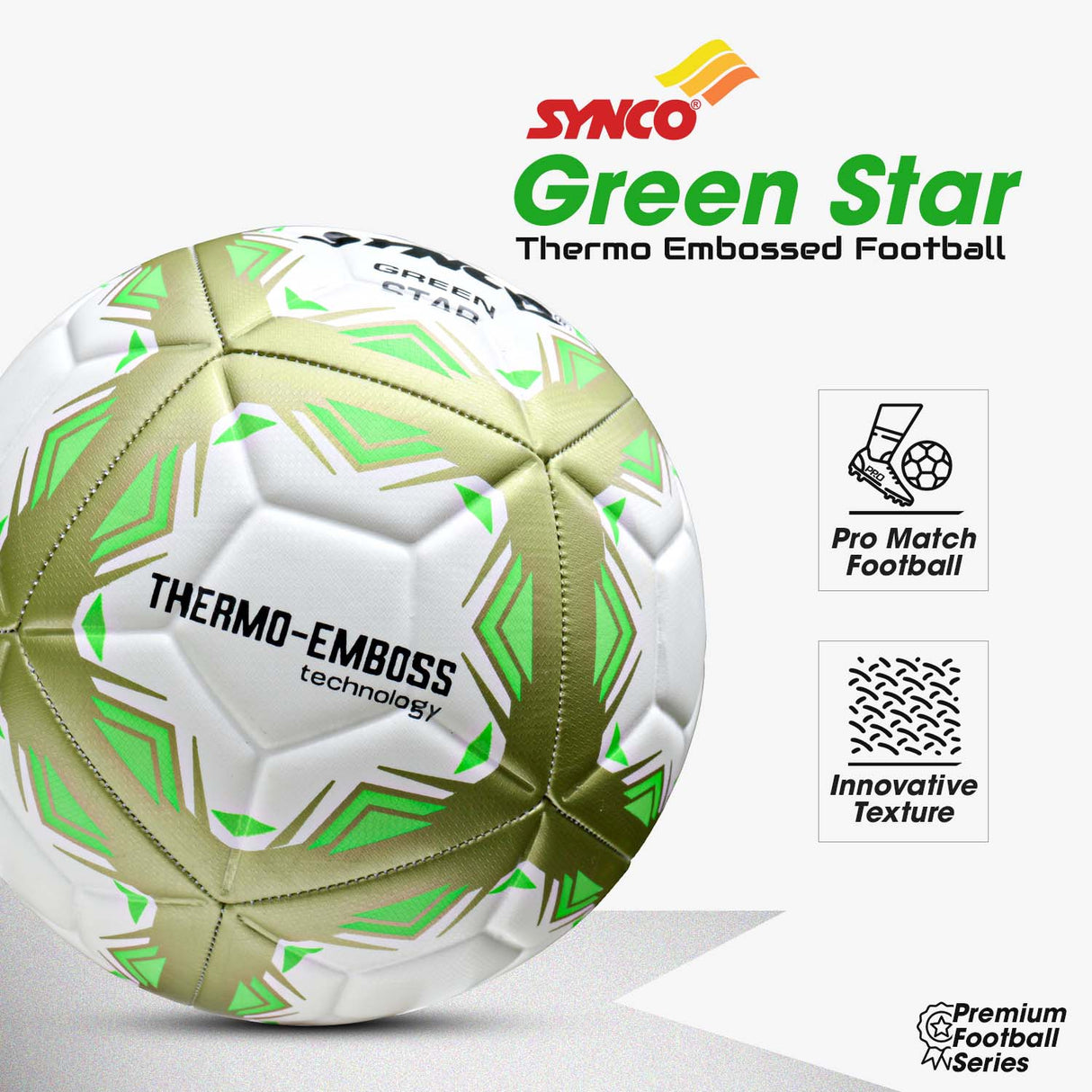 Synco Green Star Embossed Football | Professional Match Ball | TPU Machine Stitched | Size-5
