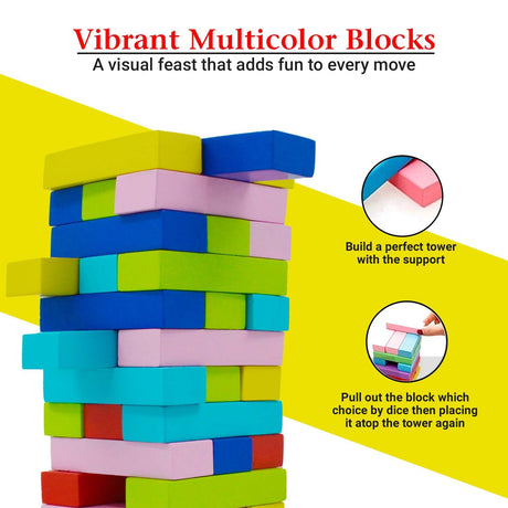 Synco Mini Tower | Wooden Tumbling Tower | Best Wooden Game for Children & Adults | Mini Wooden Block Set For Family Fun, Skill-Building Game Multicolor Blocks-54Pc