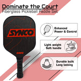 Synco Pickleball Paddle Set Carbonium Red | 2 Pickleball Rackets and 4 Pickleballs with Carry Bag | Fiberglass Lightweight Racket with Cushion Comfort Grip