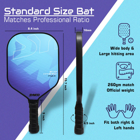 Synco Pickleball Paddle Set Hybrid Max Blue | 1 Pickleball Racket and 2 Pickleballs with Carry Bag | Fiberglass Lightweight Racket with Cushion Comfort Grip