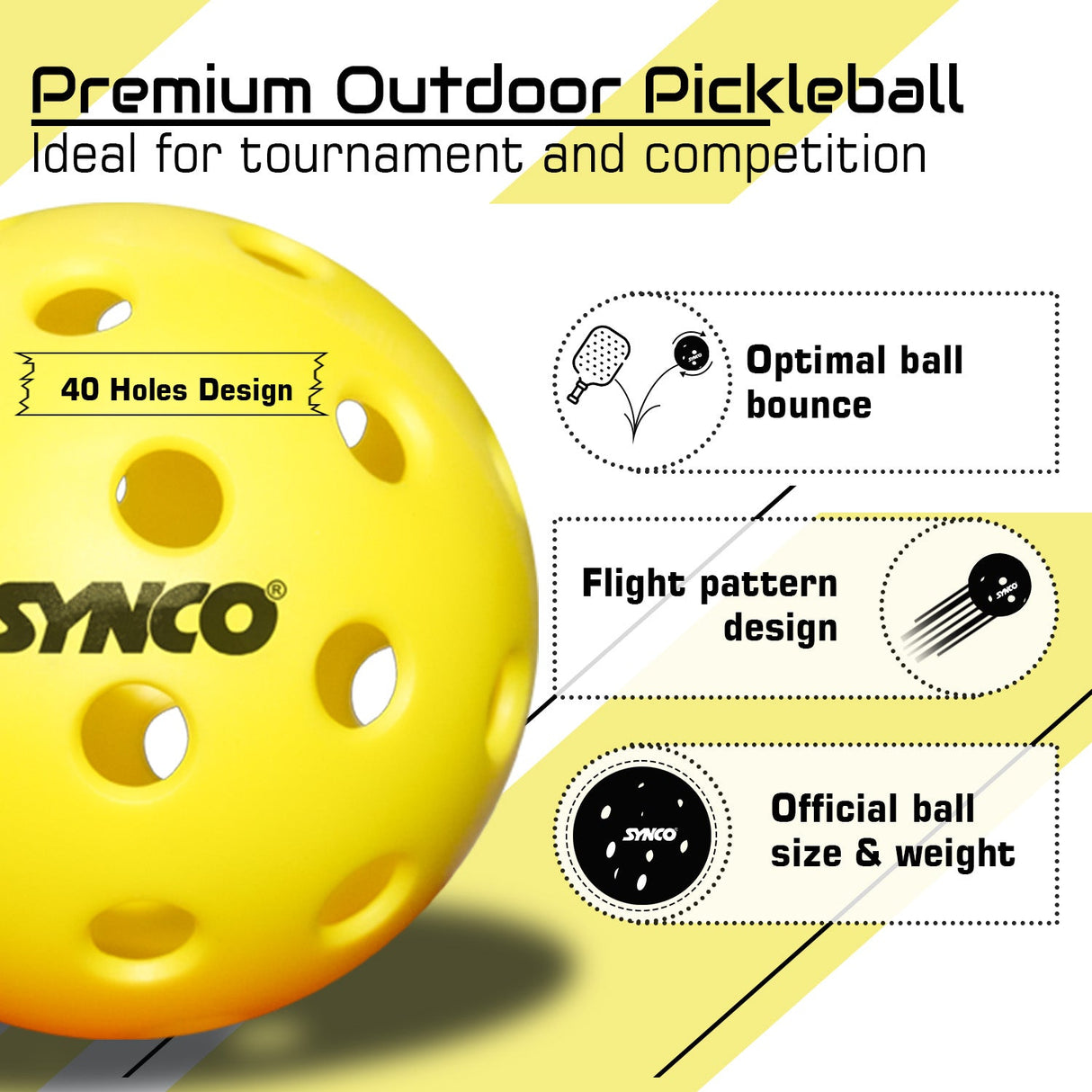 Synco Pickleball Ball S40 | High Performance Outdoor Pickleball | Set of 3