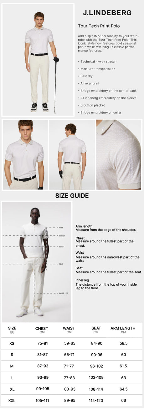 J Lindeberg Men's Tour Tech Print Golf Polo - Shadow Bridge Moonbeam S