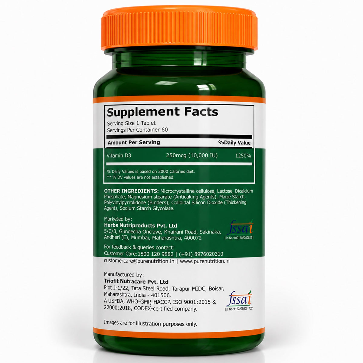 Vitamin D3 10,000 IU | 250 mcg Vitamin D3 | 60 Vegetarian Tablets