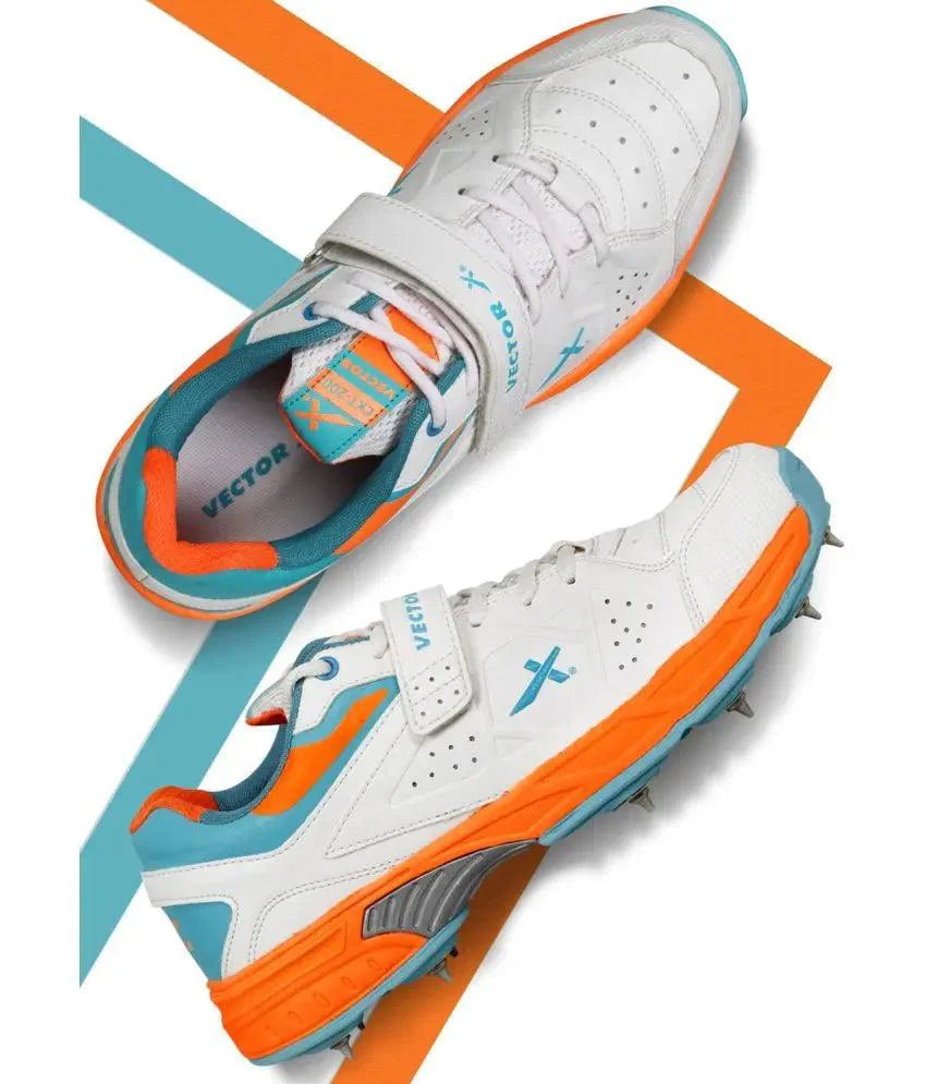 VECTOR X CKT-200 Spikes Cricket Shoes For Men (White, Orange)