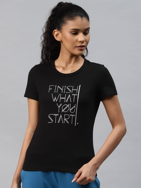 Alcis Women Black & White Typography Printed Slim Fit Outdoor T-shirt | Alcis