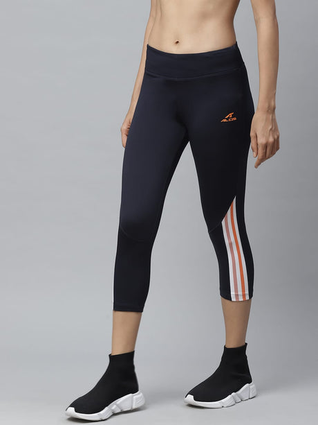 Alcis Women Navy Blue Striped Detail Fitted Training Three Fourth Tights | Alcis