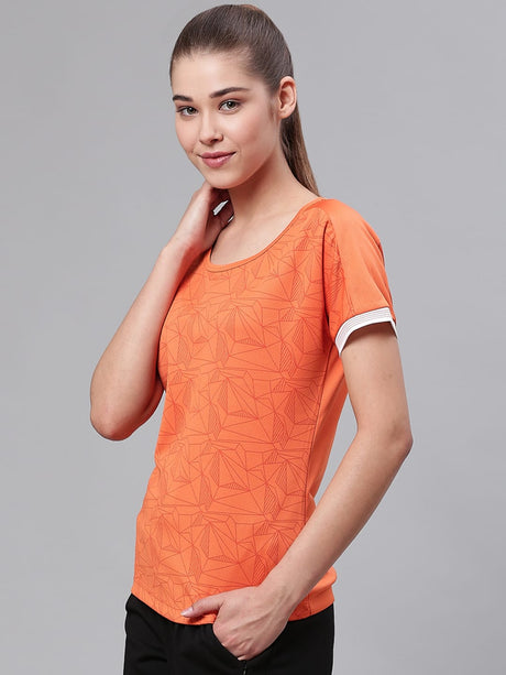 Alcis Women Orange Slim Fit Printed Round Neck Tennis T-shirt | Alcis