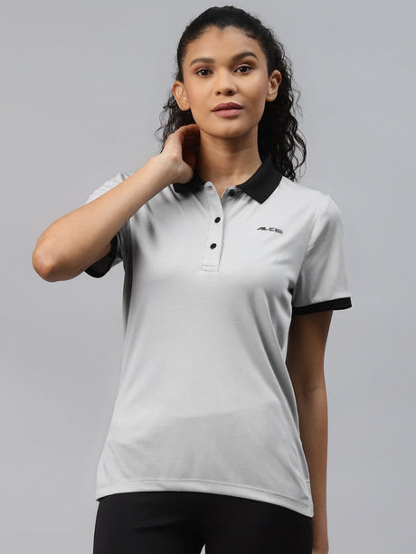 Alcis Women Grey Solid Polo Collar Slim Fit T-shirt | Alcis
