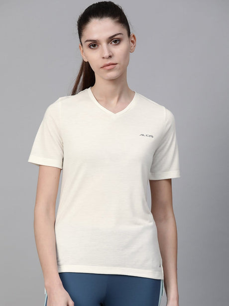 Alcis Women Off-White Solid V-Neck High-Low Training T-shirt | Alcis