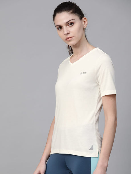 Alcis Women Off-White Solid V-Neck High-Low Training T-shirt | Alcis