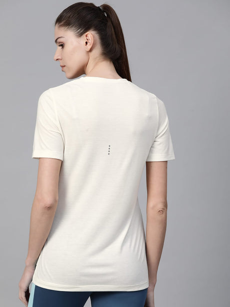 Alcis Women Off-White Solid V-Neck High-Low Training T-shirt | Alcis