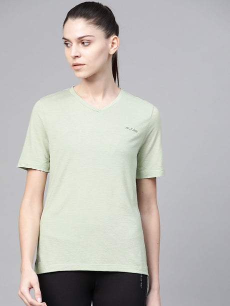 Alcis Women Green Solid V-Neck High-Low Training T-shirt | Alcis