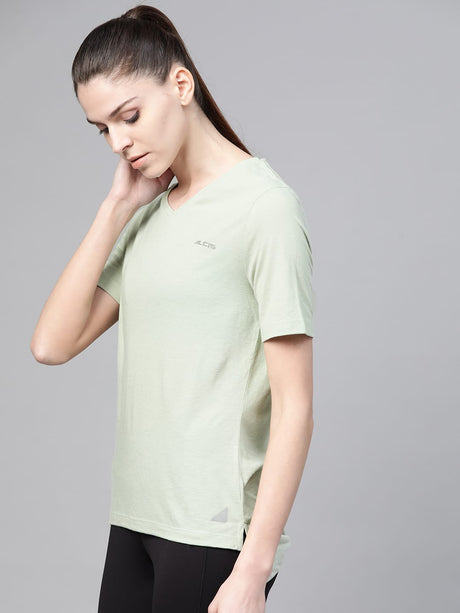 Alcis Women Green Solid V-Neck High-Low Training T-shirt | Alcis