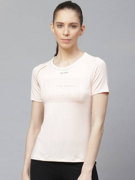 Alcis Women Peach-Coloured Slim Fit Printed Anti-Viral Training T-shirt | Alcis