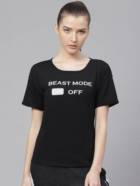 Alcis Women Black Printed Round Neck T-shirt | Alcis