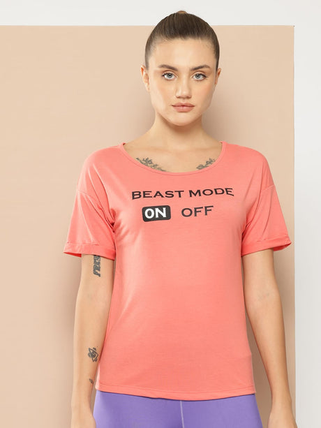 Alcis Women Peach-Coloured Printed Round Neck T-shirt | Alcis