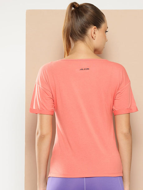 Alcis Women Peach-Coloured Printed Round Neck T-shirt | Alcis