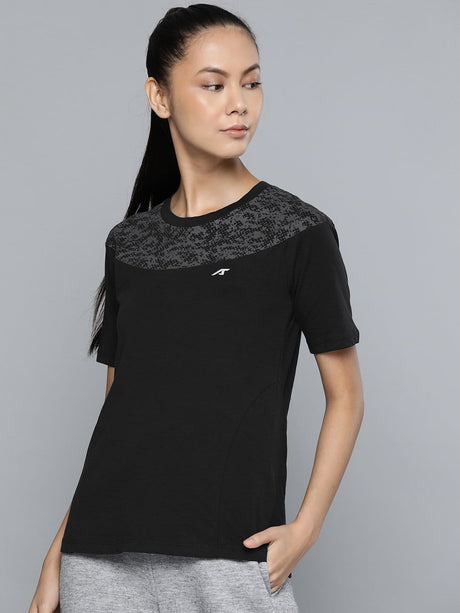 Alcis Women Black Grey Printed Slim Fit Round Neck T-shirt | Alcis