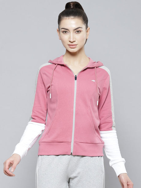 Alcis Women Pink White Solid Cotton Hooded Regular Outdoor Sporty Jacket | Alcis