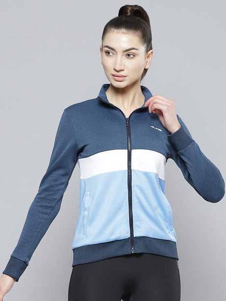 Alcis Women Blue White Colourblocked Polyester Regular Outdoor Sporty Jacket | Alcis