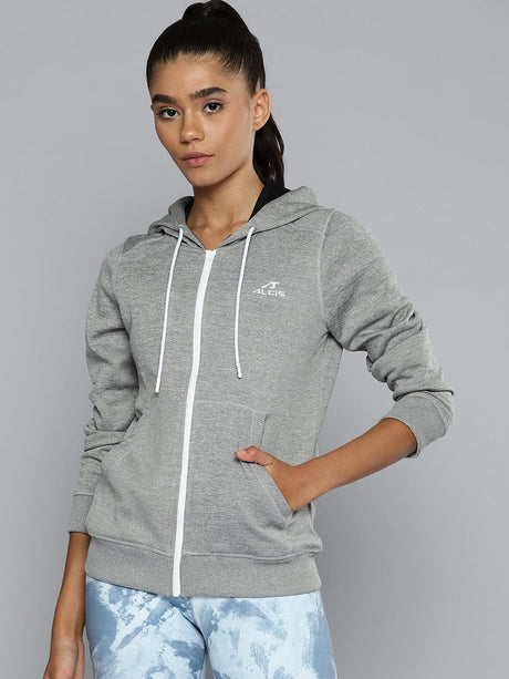 ALCIS Women Grey Melange Solid Brand Logo Embroidered Detail Hooded Sweatshirt | Alcis