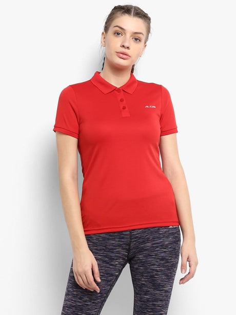 Alcis Women Red Solid Polo Collar T-shirt | Alcis