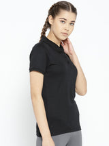 Alcis Women Black Solid Polo Collar T-shirt