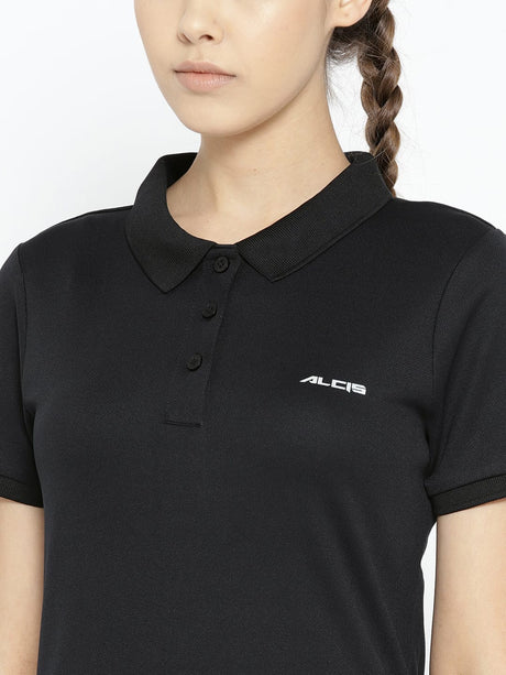 Alcis Women Black Solid Polo Collar T-shirt | Alcis